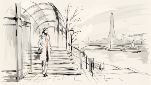 Archiviste solitaire sur marches en marbre devant archive vitrée, clé en laiton, données lumineuses en cascade