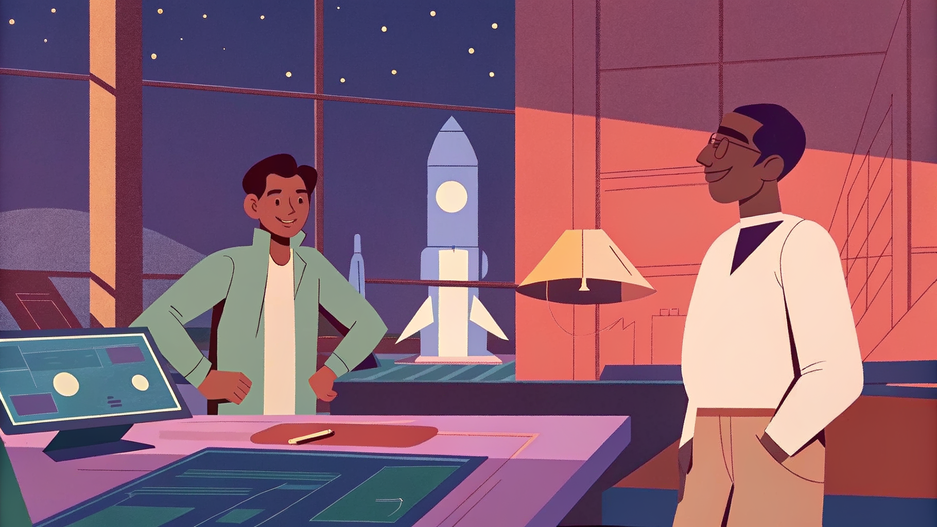 Ingénieur souriant auprès d'une imprimante en forme de fusée imprimant rapports, consultant observe