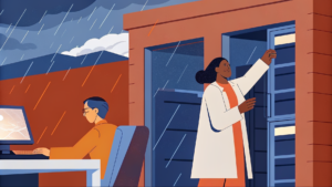 Ingénieur en veste réfléchissante libère filaments lumineux depuis un coffre en verre sur toit urbain brumeux