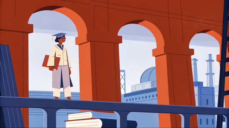 Jeune diplômé indien sur pont de manuels face à skyline industrielle robotisée